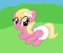 Size: 1286x1098 | Tagged: safe, artist:cleverround, lily, lily valley, earth pony, g4, chest fluff, cute, diaper, diaper fetish, female, fetish, filly, flower, flower in hair, foal, grass, heart, heart eyes, looking at you, lying down, non-baby in diaper, outdoors, smiling, solo, wingding eyes