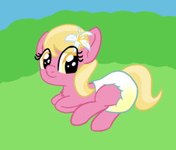 Size: 1286x1098 | Tagged: safe, alternate version, artist:cleverround, lily valley, earth pony, pony, g4, chest fluff, cute, diaper, diaper fetish, female, fetish, filly, flower, flower in hair, foal, grass, heart, heart eyes, looking at you, lying down, non-baby in diaper, outdoors, smiling, solo, wet diaper, wingding eyes