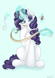 Size: 828x1171 | Tagged: safe, artist:lucajcart, rarity, pony, unicorn, g4, alternate hairstyle, blue background, curved horn, cyan background, ear piercing, earring, emoji, eyeshadow, female, hoof on chin, horn, jewelry, levitation, looking at you, magic, magic aura, makeup, mare, measuring tape, mouth hold, necklace, needle, pencil, piercing, simple background, sitting, solo, spool, telekinesis, thinking, thread, 🤔