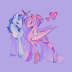 Size: 2048x2048 | Tagged: safe, artist:llorienart, princess cadance, shining armor, alicorn, pony, unicorn, g4, alternate hairstyle, chest fluff, concave belly, eyes closed, female, floating heart, heart, hock fluff, horn, horns are touching, male, mare, physique difference, purple background, ship:shiningcadance, shipping, simple background, slender, stallion, straight, thin