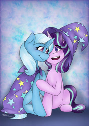 Size: 828x1171 | Tagged: safe, artist:lucajcart, starlight glimmer, trixie, pony, unicorn, g4, accessory swap, duo, duo female, female, horn, lesbian, mare, ship:startrix, shipping, sitting