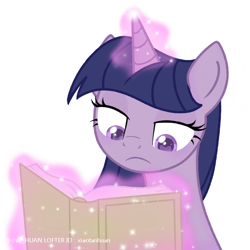 Size: 750x750 | Tagged: safe, artist:xiaotanhuan, twilight sparkle, pony, unicorn, g4, alternate hair color, horn, levitation, lidded eyes, looking at something, magic, magic aura, simple background, sitting, solo, telekinesis, unicorn twilight, white background