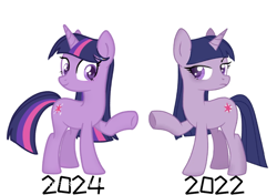 Size: 750x529 | Tagged: safe, artist:xiaotanhuan, twilight sparkle, pony, unicorn, g4, 2022, 2024, alternate hair color, alternate hairstyle, comparison, female, horn, lidded eyes, mare, simple background, solo, spread wings, standing, unicorn twilight, white background, wings