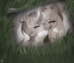 Size: 2048x1751 | Tagged: safe, artist:galaxy swirl, applejack, rainbow dash, earth pony, pegasus, pony, g4, applejack's hat, blushing, cheek kiss, cowboy hat, duo, duo female, eyes closed, female, folded wings, freckles, grass, hat, kissing, lesbian, mare, open mouth, open smile, photo, ship:appledash, shipping, signature, smiling, wings