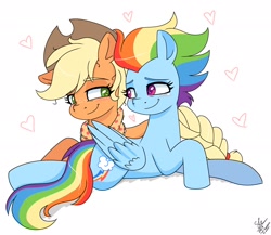 Size: 2048x1780 | Tagged: safe, artist:galaxy swirl, applejack, rainbow dash, earth pony, pegasus, pony, g4, the last problem, applejack's hat, blushing, cowboy hat, duo, duo female, female, folded wings, freckles, hat, heart, lesbian, looking at each other, looking at someone, lying down, mare, older, older applejack, older rainbow dash, prone, ship:appledash, shipping, signature, simple background, smiling, smiling at each other, sploot, tail, white background, wings