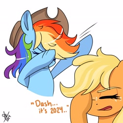 Size: 2048x2048 | Tagged: safe, artist:galaxy swirl, applejack, rainbow dash, earth pony, pegasus, pony, g4, accessory swap, applejack's hat, cowboy hat, dab, duo, duo female, eyes closed, facepalm, female, freckles, hat, high res, lesbian, mare, open mouth, rainbow dash wearing applejack's hat, ship:appledash, shipping, signature, simple background, white background