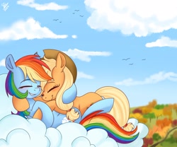 Size: 2048x1701 | Tagged: safe, artist:galaxy swirl, applejack, rainbow dash, earth pony, pegasus, pony, g4, applejack's hat, blushing, cloud, cowboy hat, cute, dashabetes, duo, duo female, eyes closed, female, freckles, hat, jackabetes, lesbian, lying down, lying on a cloud, mare, on a cloud, on back, outdoors, ship:appledash, shipping, signature, sky, smiling, snuggling, tail