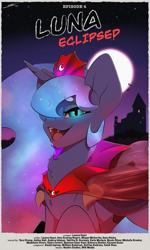 Size: 1795x3000 | Tagged: safe, artist:skitsroom, princess luna, alicorn, bat pony, bat pony alicorn, g4, luna eclipsed, bat ponified, bat wings, blue eyes, blue mane, clothes, crown, dress, ethereal mane, fangs, female, flowing mane, glowing, glowing eyes, horn, jewelry, looking at you, lunabat, mare, moon, night, open mouth, open smile, race swap, regalia, smiling, smiling at you, solo, starry mane, wings