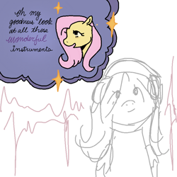 Size: 800x800 | Tagged: safe, artist:bvnnyface, fluttershy, pegasus, pony, g4, bust, dialogue, female, headphones, mare, metallica, sketch, solo