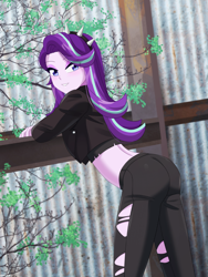 Size: 900x1200 | Tagged: safe, artist:riouku, starlight glimmer, human, equestria girls, g4, ass, bedroom eyes, butt, clothes, commission, eyeshadow, female, glimmer glutes, goth, grin, hairband, jacket, jeans, leather, leather jacket, makeup, outdoors, pants, ripped jeans, ripped pants, smiling, solo, torn clothes