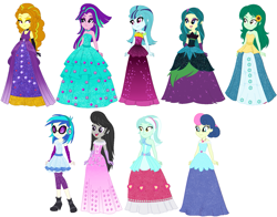 Size: 1547x1213 | Tagged: safe, artist:krystal-red-squirrel, artist:selenaede, adagio dazzle, aria blaze, bon bon, dj pon-3, juniper montage, lyra heartstrings, octavia melody, sonata dusk, sweetie drops, vinyl scratch, wallflower blush, human, equestria girls, g4, blue dress, boots, clothes, dress, ear piercing, earring, fingerless gloves, flower, flower in hair, gloves, green dress, hair bun, hairstyle, headband, headphones, jewelry, necklace, open mouth, piercing, pink dress, purple dress, shoes, simple background, smiling, sparkly dress, strapless, the dazzlings, white background