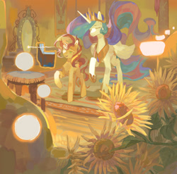 Size: 2776x2744 | Tagged: safe, artist:xiangquxiaomaguo, princess celestia, sunset shimmer, alicorn, pony, unicorn, g4, book, duo, female, flower, horn, levitation, magic, magic mirror, mare, sunflower, telekinesis