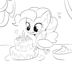 Size: 1807x1536 | Tagged: safe, artist:moppyshine, pinkie pie, earth pony, pony, g4, black and white, cake, candle, cute, food, frosting, grayscale, monochrome, solo