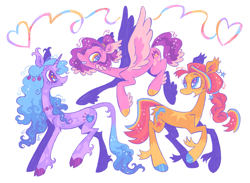 Size: 2019x1480 | Tagged: safe, artist:peaceandlove26, izzy moonbow, pipp petals, sunny starscout, earth pony, pegasus, pony, unicorn, g5, alternate accessories, alternate design, alternate eye color, alternate hairstyle, alternate tailstyle, blaze (coat marking), blue eyes, blue hooves, blue mane, blue tail, braid, braided ponytail, butt fluff, chest marking, cloven hooves, coat markings, colored eartips, colored fetlocks, colored hooves, colored horn, colored pinnae, colored wings, curly mane, curly tail, ear piercing, ear tufts, earring, facial markings, female, fetlock tuft, floating heart, flying, gold hooves, hair accessory, heart, heart eyes, heart mark, hooves, horn, jewelry, leg markings, leonine tail, long mane, long neck, long tail, looking at each other, looking at someone, looking back, mane accessory, mane stripe sunny, mare, mealy mouth (coat marking), multicolored mane, multicolored tail, necklace, orange coat, piercing, pink coat, pink wings, ponytail, profile, purple hooves, purple mane, purple tail, raised hoof, redraw, shiny hooves, simple background, skinny pipp, slender, smiling, smiling at each other, socks (coat markings), sparkles, sparkly eyes, sparkly mane, sparkly tail, splotches, spread wings, standing, standing on three hooves, standing on two hooves, star (coat marking), tail, thin, three quarter view, three toned mane, three toned tail, tied mane, trio, trio female, two toned ears, two toned wings, unicorn horn, wall of tags, white background, wingding eyes, wings, yellow eyes, yellow hooves