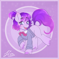 Size: 2048x2048 | Tagged: safe, artist:duckyia, oc, oc only, earth pony, pony, abstract background, blue eyes, blushing, bow, bowtie, clothes, eyebrows, eyebrows visible through hair, looking at you, open mouth, passepartout, pink hooves, ponytail, purple hair, purple mane, raised hoof, raised leg, smiling, smiling at you, solo, sweater, teeth, unshorn fetlocks