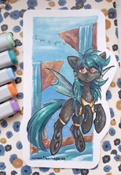 Size: 1502x2160 | Tagged: safe, artist:lonerdemiurge_nail, oc, oc only, oc:04, changeling, pony, changeling oc, solo, traditional art, water, waterfall, wings