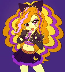 Size: 3000x3300 | Tagged: safe, artist:rileyav, adagio dazzle, human, equestria girls, g4, adagio dazzle's cutie mark, belly, belly button, bow, clothes, eyeliner, eyeshadow, female, fingerless gloves, gloves, hair bow, high res, jacket, lipstick, looking at you, makeup, microphone, midriff, open mouth, painted nails, purple background, purple eyeshadow, purple lipstick, purple nails, simple background, skirt, solo