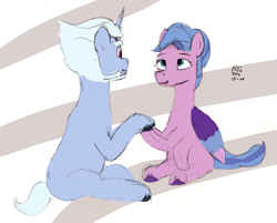 Size: 2969x2382 | Tagged: safe, artist:adamv20, alphabittle blossomforth, queen haven, pegasus, unicorn, g5, female, horn, looking at each other, looking at someone, male, ship:alphahaven, shipping, straight, unitober 2024, unshorn fetlocks