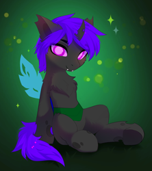 Size: 3204x3614 | Tagged: safe, artist:empress-twilight, oc, oc only, oc:shaded thistle, changeling, chest fluff, commission, eye clipping through hair, eyebrows, eyebrows visible through hair, fangs, horn, sitting, solo, sparkles, wings, ych result