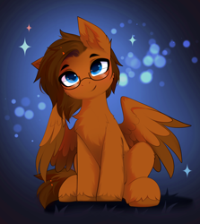 Size: 3848x4320 | Tagged: safe, artist:empress-twilight, oc, oc only, oc:wanted, pegasus, pony, cheek fluff, chest fluff, colored wings, commission, ear fluff, eyebrows, glasses, looking at you, male, partially open wings, pegasus oc, sitting, smiling, smiling at you, solo, sparkles, stallion, tail, two toned wings, unshorn fetlocks, wings, ych result