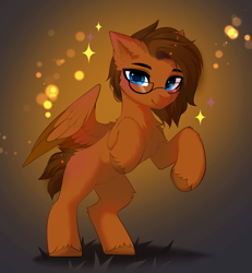 Size: 4011x4342 | Tagged: safe, artist:empress-twilight, oc, oc only, oc:wanted, pegasus, pony, blushing, cheek fluff, chest fluff, colored wings, commission, ear fluff, eyebrows, glasses, looking at you, male, partially open wings, pegasus oc, rearing, smiling, smiling at you, solo, sparkles, stallion, tail, two toned wings, unshorn fetlocks, wings, ych result