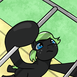 Size: 1000x1000 | Tagged: safe, artist:wren, oc, oc only, oc:fanonlilly, pony, concentrating, female, freckles, grass, mare, parallel bars, playground, sand, swinging