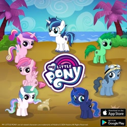 Size: 1080x1080 | Tagged: safe, gameloft, murky mystery, princess cadance, princess celestia, princess luna, shining armor, snugglebug, treasure quest, alicorn, earth pony, pegasus, pony, unicorn, g4, beach, cewestia, colt, colt shining armor, female, filly, filly cadance, filly celestia, filly luna, foal, horn, male, ocean, outdoors, palm tree, tree, water, woona, younger