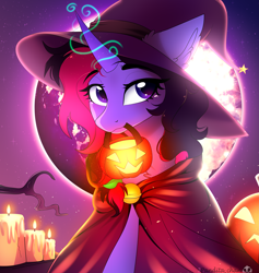 Size: 4087x4307 | Tagged: safe, artist:2pandita, oc, oc only, pony, unicorn, candle, commission, hat, horn, moon, outdoors, pumpkin bucket, solo, unicorn oc, witch hat, ych result