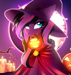 Size: 4087x4307 | Tagged: safe, artist:2pandita, oc, oc only, pony, unicorn, candle, commission, hat, horn, moon, outdoors, pumpkin bucket, solo, unicorn oc, witch hat, ych result