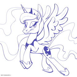 Size: 2500x2500 | Tagged: safe, artist:jenfoxworth, princess luna, alicorn, pony, g4, concave belly, ethereal mane, ethereal tail, eyelashes, eyeshadow, feathered wings, grumpy, horn, jewelry, lidded eyes, lineart, looking at you, makeup, peytral, slender, slit pupils, solo, spread wings, tail, thin, tiara, unamused, unicorn horn, wings