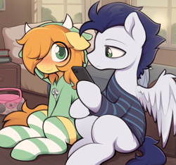 Size: 1189x1112 | Tagged: safe, artist:moozua, braeburn, soarin', earth pony, pegasus, pony, twilight sparkle commits arson in the name of princess celestia, g4, bed, blushing, clothes, duo, duo male, gay, hoodie, indoors, male, phone, ship:soarburn, shipping, socks, striped socks