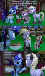 Size: 1920x3240 | Tagged: safe, artist:red4567, derpy hooves, dinky hooves, minuette, pegasus, pony, unicorn, g4, 3d, animal costume, bat pony costume, bowl, candy, cat costume, clothes, comic, costume, dentist, food, horn, nightmare night, nightmare night costume, outdoors, ponyville, source filmmaker