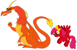 Size: 1116x728 | Tagged: safe, artist:meghan12345, chinese dragon, dragon, pegasus, pony, g4, angry birds, angry birds seasons, bow, duo, duo male and female, female, hair bow, male, mare, mighty dragon, ponified, ruby (angry birds), simple background, smiling, species swap, spread wings, style emulation, transparent background, wings