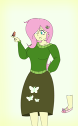 Size: 1200x1920 | Tagged: safe, artist:jazzystarlover, fluttershy, butterfly, human, equestria girls, g4, clothes, cute, female, shyabetes, sweater