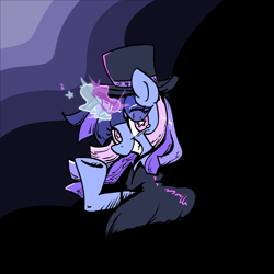 Size: 3000x3000 | Tagged: safe, artist:brella, oc, oc only, oc:flawless sparklemoon, pony, unicorn, my little pony the movie: the death of twilight sparkle, cloak, clothes, creepy, creepy grin, creepy smile, female, fusion, fusion:trixie, fusion:twilight sparkle, fusion:twixie, glowing, glowing horn, grin, hat, horn, looking at you, magic, magic aura, mare, multicolored background, raised hoof, smiling, solo, starry eyes, top hat, unicorn oc, wingding eyes