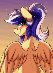 Size: 1250x1700 | Tagged: safe, artist:shadowreindeer, oc, oc only, oc:animatedpony, pegasus, pony, blushing, female, looking at you, looking back, looking back at you, mare, outdoors, partially open wings, pegasus oc, solo, wings