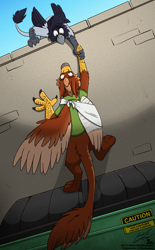 Size: 1240x2000 | Tagged: safe, artist:kjbat, oc, oc only, oc:pavlos, oc:skraww, griffon, bandage, beak, broken bone, broken wing, cast, cheek fluff, claws, clothes, colored wings, commission, dumpster, duo, eared griffon, friends, griffon oc, helping, injured, non-pony oc, nonbinary, outdoors, sling, tail, wings