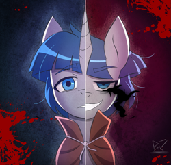 Size: 1689x1625 | Tagged: safe, artist:bkiltersot, stygian, pony, unicorn, g4, blood, bust, duality, front view, grin, higurashi no naku koro ni, horn, male, smiling, solo, split personality, split screen, stallion, two sides