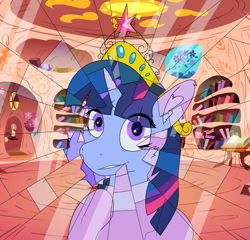 Size: 2037x1959 | Tagged: safe, artist:al solae, twilight sparkle, oc, oc:flawless sparklemoon, unicorn, my little pony the movie: the death of twilight sparkle, g4, big crown thingy, element of magic, fusion, fusion:trixie, fusion:twilight sparkle, fusion:twixie, golden oaks library, horn, indoors, jewelry, mirror, regalia