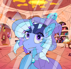 Size: 2037x1959 | Tagged: safe, artist:al solae, trixie, oc, oc:flawless sparklemoon, unicorn, my little pony the movie: the death of twilight sparkle, g4, cloak, clothes, fusion, fusion:trixie, fusion:twilight sparkle, fusion:twixie, golden oaks library, hat, horn, indoors, trixie's cape, trixie's hat