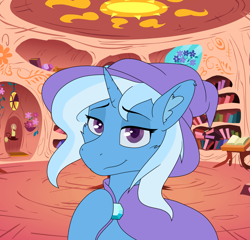 Size: 2037x1959 | Tagged: source needed, safe, artist:al solae, trixie, pony, unicorn, g4, cape, clothes, female, golden oaks library, hat, horn, indoors, mare, solo, trixie's cape, trixie's hat