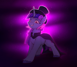 Size: 2327x2016 | Tagged: safe, artist:itssim, oc, oc only, oc:flawless sparklemoon, pony, unicorn, my little pony the movie: the death of twilight sparkle, abstract background, cloak, clothes, commission, evil smile, fusion, fusion:trixie, fusion:twilight sparkle, fusion:twixie, grin, hat, horn, looking at you, magician outfit, smiling, solo, standing, starry eyes, top hat, wide stance, wingding eyes