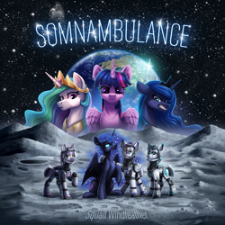 Size: 4160x4164 | Tagged: safe, artist:helmie-art, nightmare moon, princess celestia, princess luna, twilight sparkle, oc, oc:astral azure, oc:morning frost, oc:orion zephyr, alicorn, earth pony, pegasus, pony, unicorn, fanfic:somnambulance, g4, absurd resolution, astronaut, cover, cover art, crater, earth, earth pony oc, ethereal mane, group photo, horn, moon, pegasus oc, space, space helmet, spacesuit, stars, text, twilight sparkle (alicorn), unicorn oc