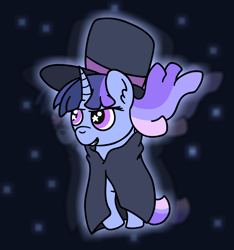 Size: 1800x1920 | Tagged: safe, oc, oc:flawless sparklemoon, unicorn, my little pony the movie: the death of twilight sparkle, cloak, clothes, cylinder hat, floating, frown, fusion, fusion:trixie, fusion:twilight sparkle, fusion:twixie, glowing, hat, horn, night, night background, night sky, sky, sky background, smug, space, starry background, top hat, wavy mane