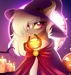 Size: 4087x4307 | Tagged: safe, artist:2pandita, oc, oc only, oc:schwin, bat pony, pony, bat pony oc, candle, female, hat, mare, moon, mouth hold, night, outdoors, pumpkin bucket, solo, witch hat