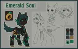 Size: 2330x1477 | Tagged: safe, artist:koviry, oc, oc only, oc:emerald soul, earth pony, pony, 2018, armor, bald, brown coat, color palette, colored, colored pinnae, colored pupils, colored sclera, concave belly, earth pony oc, flat colors, floppy ears, gray sclera, green eyes, green mane, green pupils, green tail, green text, hatching (technique), headpiece, leg armor, looking at you, looking away, male, male oc, multiple angles, old art, profile, raised hoof, reference sheet, short mane, solo, stallion, stallion oc, standing, standing on three hooves, tail, thin, three quarter view