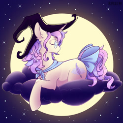 Size: 2000x2000 | Tagged: safe, artist:erein, oc, oc only, oc:dreamfaith, pony, unicorn, beautiful, bow, clothes, cloud, commission, cute, digital art, ears up, eyelashes, eyes closed, female, glasses, gradient background, hat, horn, lying down, mare, moonlight, multicolored mane, night, outdoors, pink mane, sky, solo, starry background, stars, tail, unicorn oc, witch hat, ych result