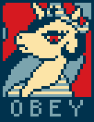 Size: 850x1100 | Tagged: safe, princess celestia, alicorn, mlp fim's fourteenth anniversary, g4, brony history, bust, crown, digital art, female, hope poster, inspired by another artist, jewelry, limited palette, minimalist, obey, peytral, pixel art, portrait, poster, regalia, shepard fairey, solo