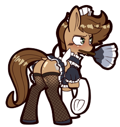 Size: 2049x2169 | Tagged: safe, artist:chiefywiffy, oc, oc only, oc:petrichor, pegasus, pony, blushing, butt, clothes, crossdressing, dock, duster, frog (hoof), leggings, maid, male, pegasus oc, plot, raised hoof, simple background, socks, solo, stallion, stallion oc, tail, transparent background, underhoof