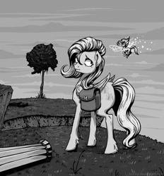 Size: 872x939 | Tagged: safe, artist:koviry, fluttershy, breezie, pegasus, pony, g4, 2014, bag, black and white, column, duo, female, fluffy, folded wings, grayscale, looking at someone, looking back, mare, monochrome, old art, outdoors, rear view, saddle bag, standing, stray strand, thin, wings, zanzarah: the hidden portal